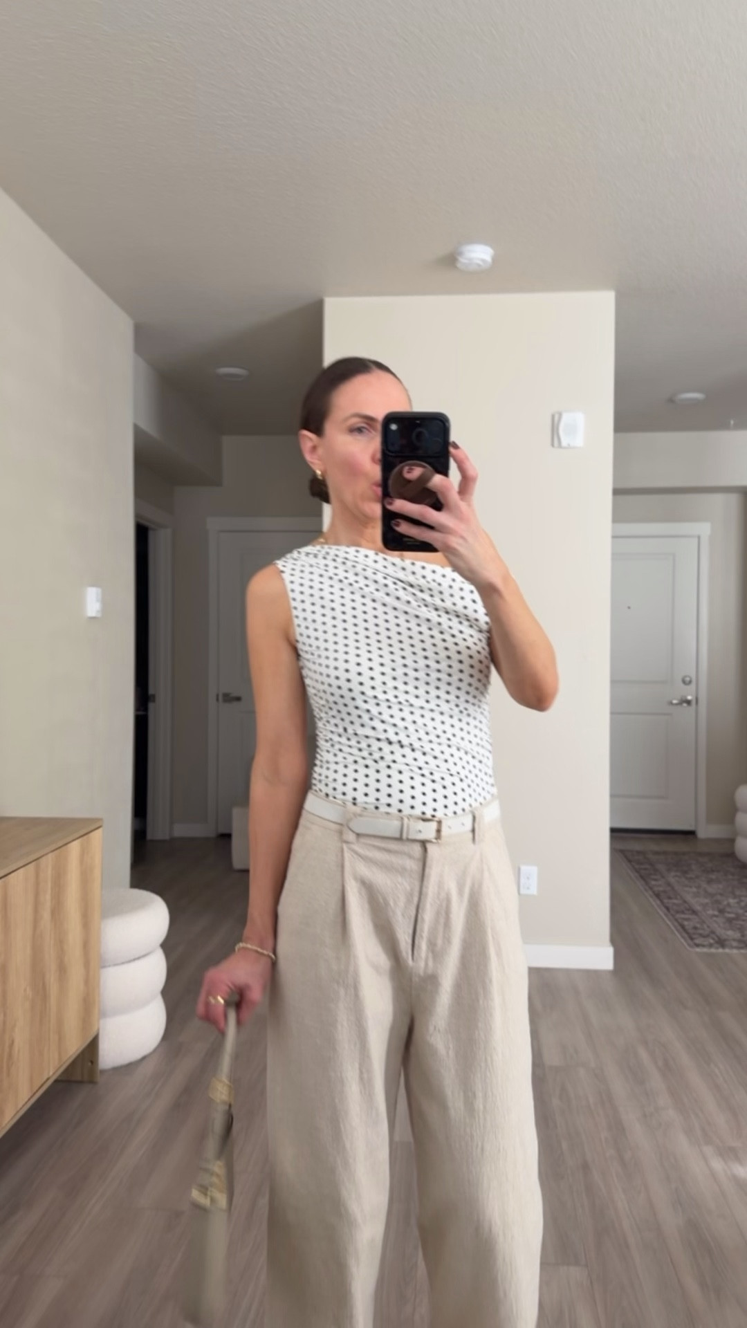 Wearing size small in all !
Polka dots are so cute and so versatile.  Love this affordable top for leisure and work.  Love the pants they’re comfy and chic.  Heels 10/10 for comfort 