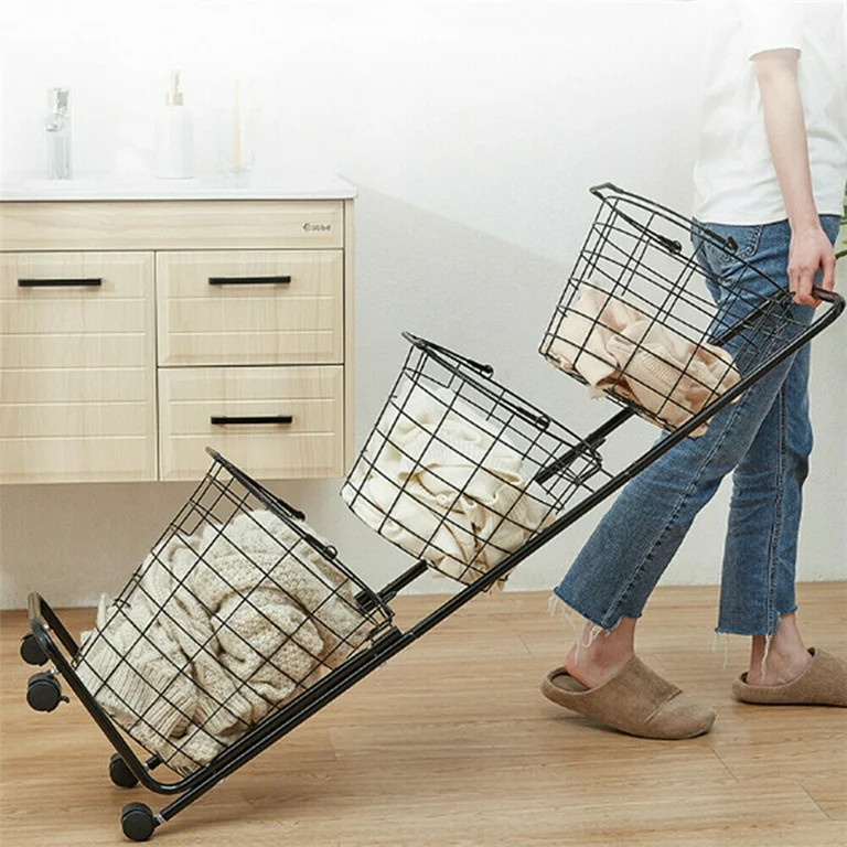 YOUPINS Removable 3 Tier Metal Rolling Laundry Basket Cart,Large Capacity Wire Basket Laundry Ham... | Walmart (US)