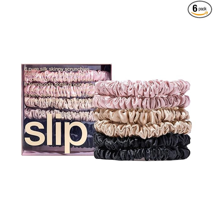 slip Skinny Scrunchies Multi | Set of 6 Pure Silk Skinny Scrunchies | Includes 2 Pink, 2 Caramel,... | Amazon (US)