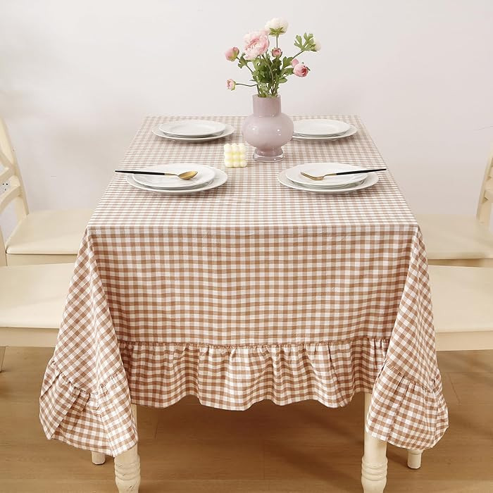 Taupe White Gingham Ruffled Table Cloth Rectangular for Seat 8-10, 100% Washed Cotton Buffet Cott... | Amazon (US)