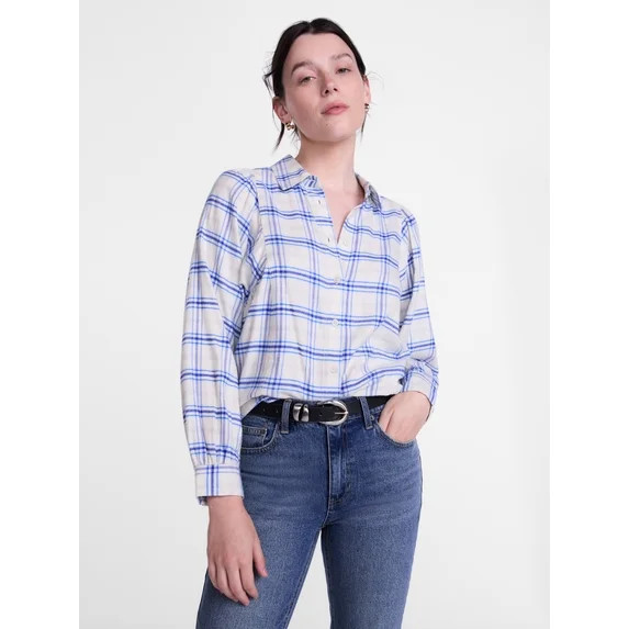 Scenario Women's Plaid Shirt with Long Puff Sleeves, Sizes XS-XXXL | Walmart (US)