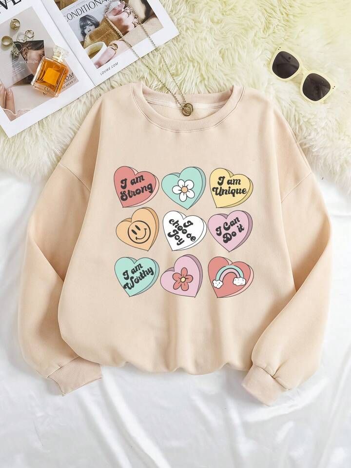 Women'S Heart Printed Round Neck Sweatshirt | SHEIN