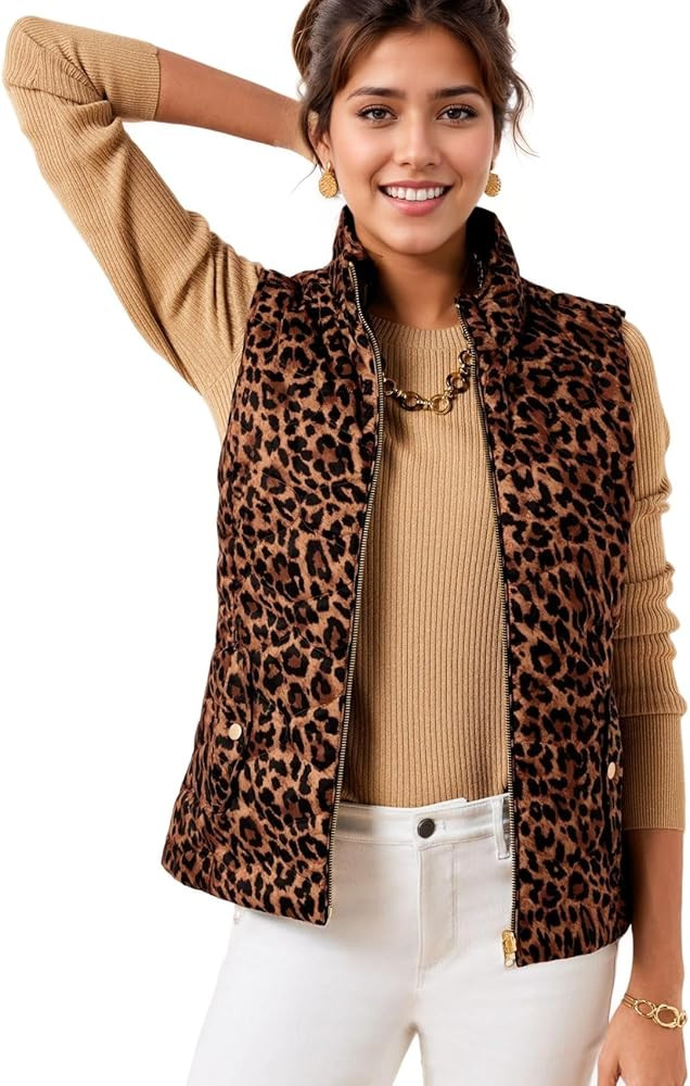 LifeShe Womens Leopard Quilted Vest Stand Collar Zip Up Reversible Puffer Vest Sleeveless Padded ... | Amazon (US)