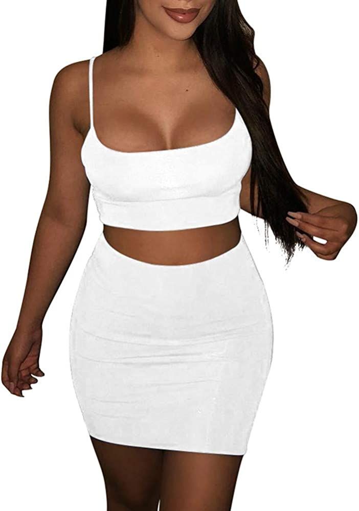 BORIFLORS Women's Sexy 2 Piece Outfits Strap Crop Top Skirt Set Bodycon Mini Dress | Amazon (US)