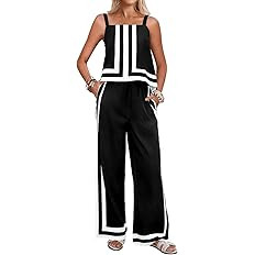Tankaneo Womens 2 Piece Lounge Set Summer Casual Color Block Cami Top Wide Leg Pants Set Beach Va... | Amazon (US)