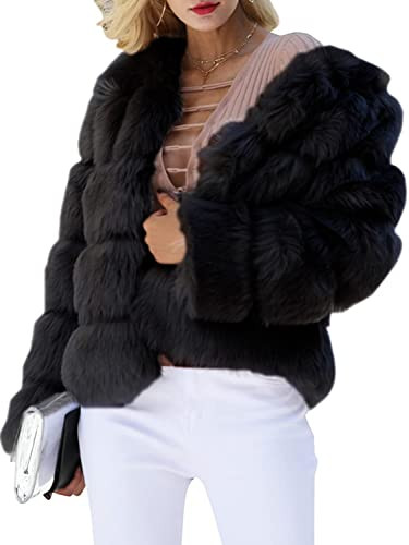 Simplee Women Luxury Winter Warm Fluffy Faux Fur Short Coat Jacket Parka Outwear, Black, 1/9, XX-Large | Amazon (US)