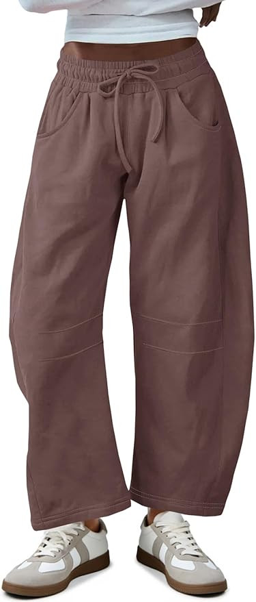 Fisoew Womens Barrel Leg Sweatpant Drawstring Elastic Waisted Wide Leg Pants Casual Active Pants ... | Amazon (US)