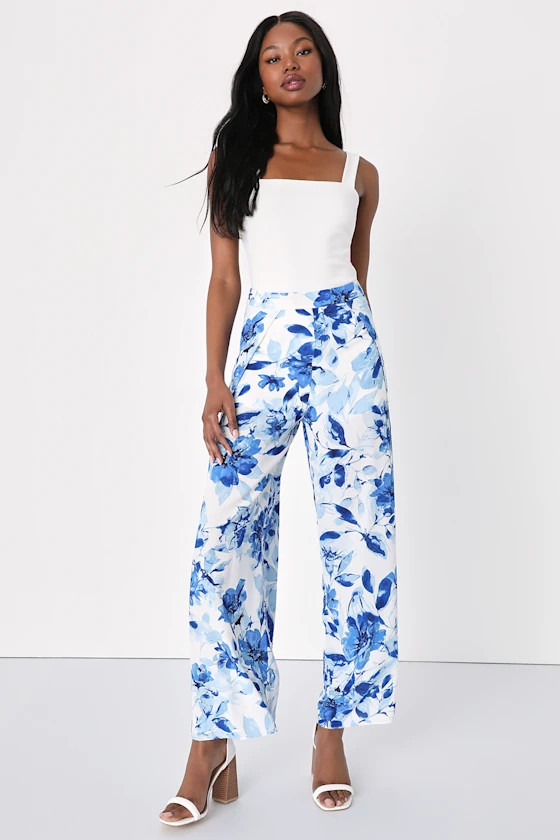 Cheery Charm White Floral Print Flyaway Wide-Leg Pants | Lulus (US)