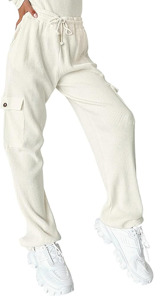 Womens Cargo Corduroy Joggers Pants Drawstring High Waisted Casual Hiking Sweatpants Elastic Wais... | Amazon (US)