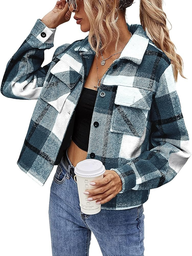 Binshre Womens Cropped Plaid Shacket Flannel Long Sleeve Button Down Jackets Coat for Women | Amazon (US)