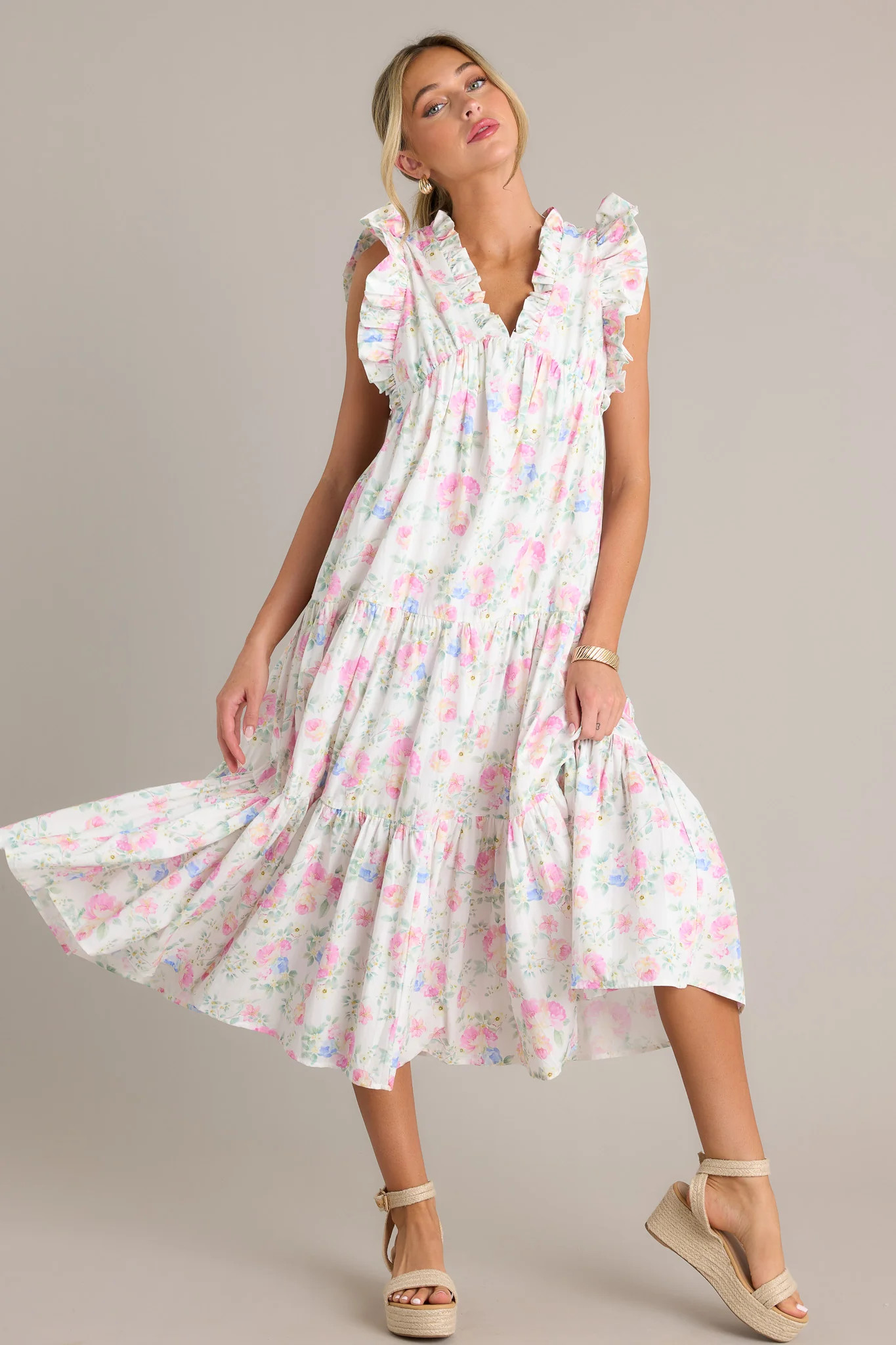 Lily Blooms 100% Cotton Ivory Floral Ruffle Sleeve Midi Dress | Red Dress