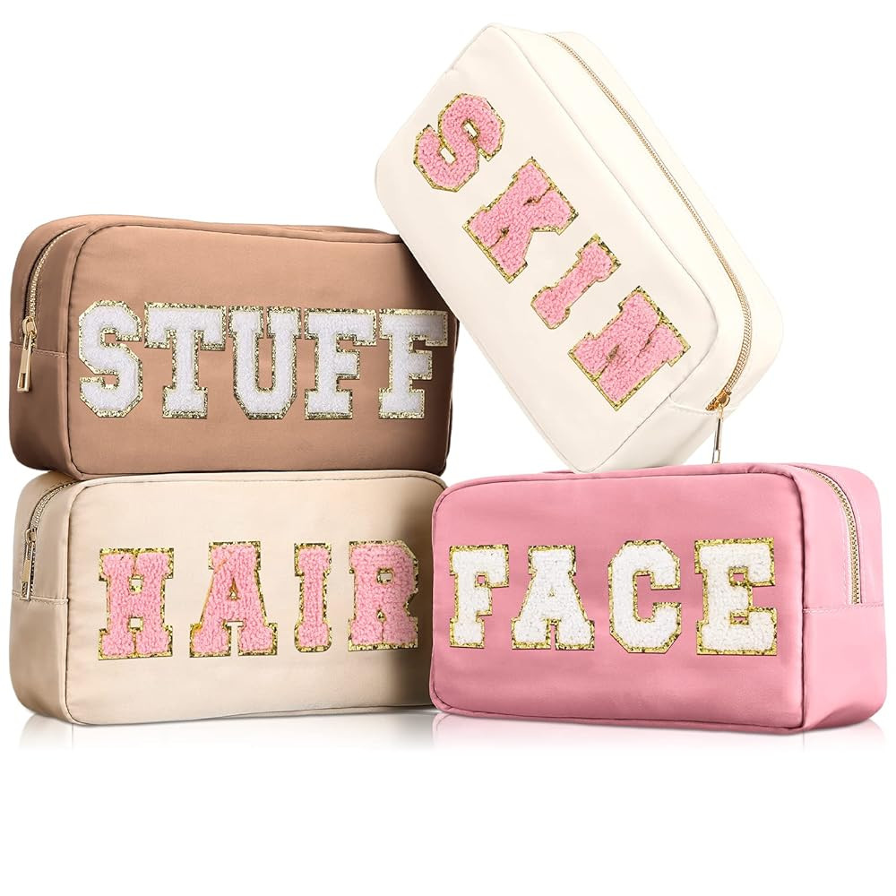 Cunno 4 Pcs Preppy Makeup Bags Chenille Letter Stuff Bag Nylon Cosmetic Pouch Cases with Zipper f... | Amazon (US)