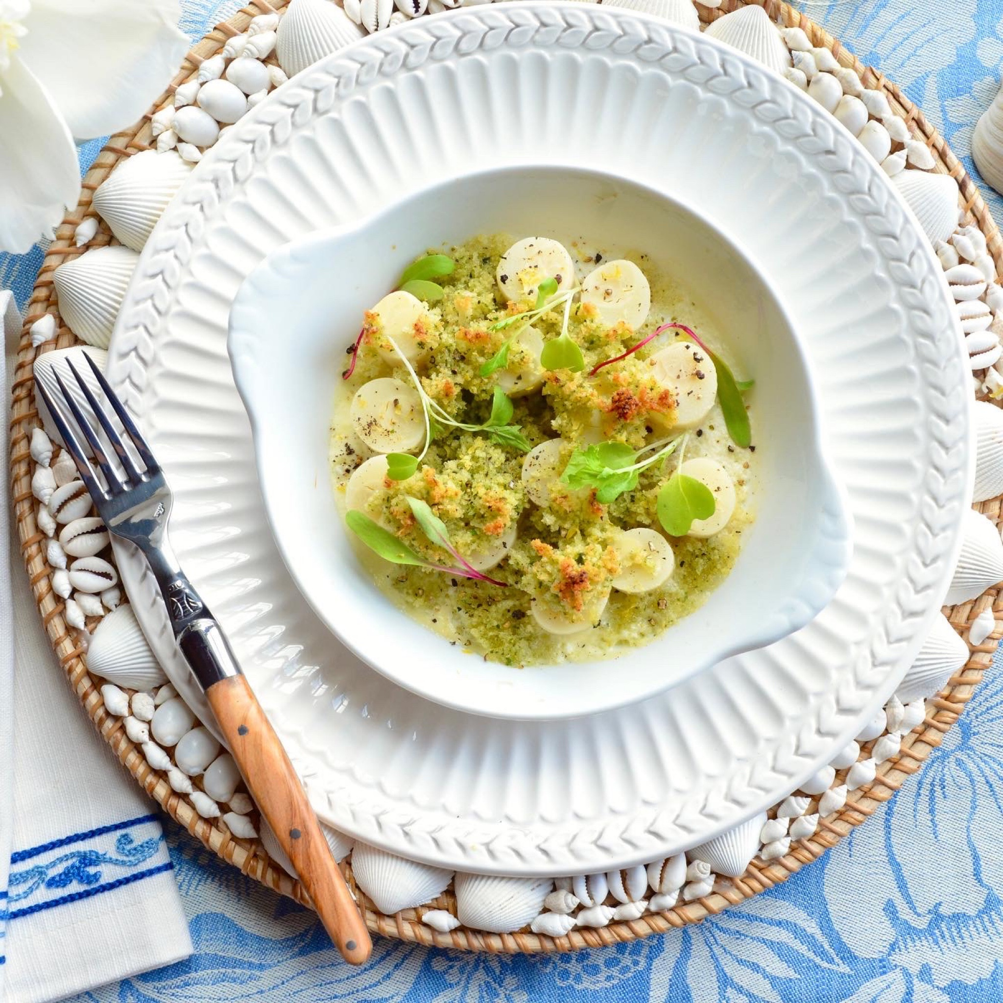 Earthy olive wood flatware from Jean Dubost adds instant earth to any table! 

And my favorite pure white gratin dishes are perfect for individual main courses! 