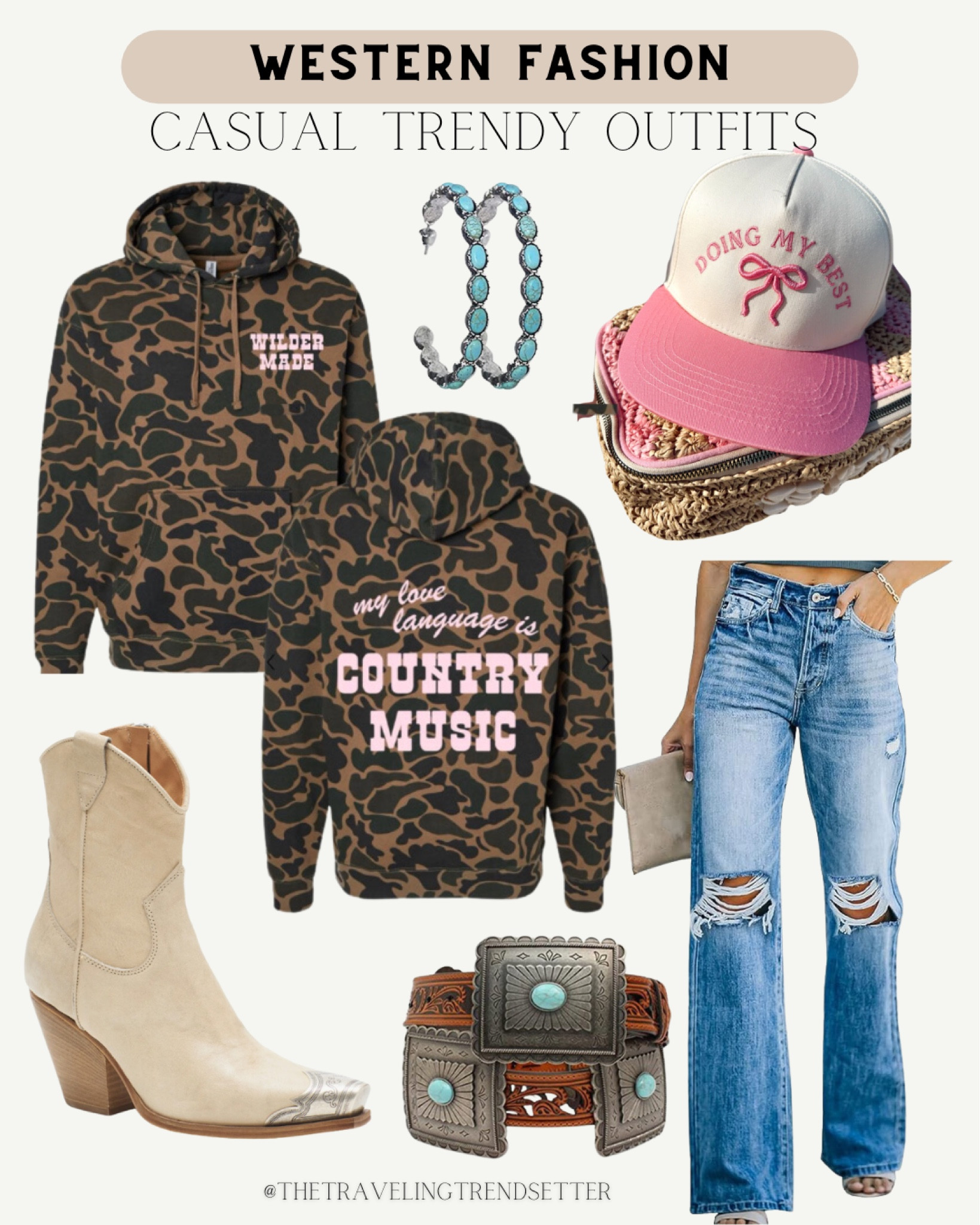 Casual trendy fall outfits - western fashion - country concert outfit - camo hoodie - duck camo - turquoise - booties - boots - hat 

#LTKStyleTip #LTKFindsUnder100 #LTKWorkwear