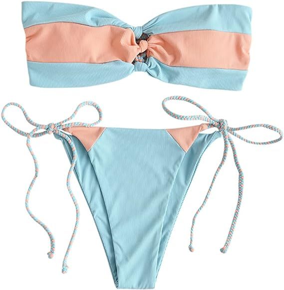ZAFUL Women's Strapless Ribbed High Cut Bandeau Bikini Set, High Leg Two Pieces Bandeau Swimsuits | Amazon (US)