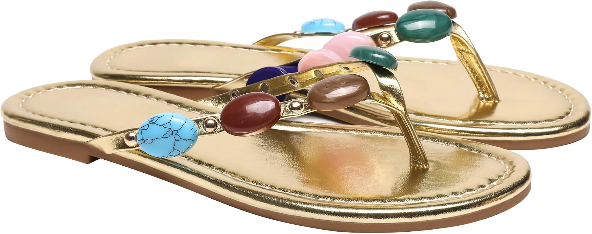 Women Jewelled Thong Strap Open Round Toe Flip Flops Comfy Slip on Flats Sandals Casual Summer Be... | Amazon (US)