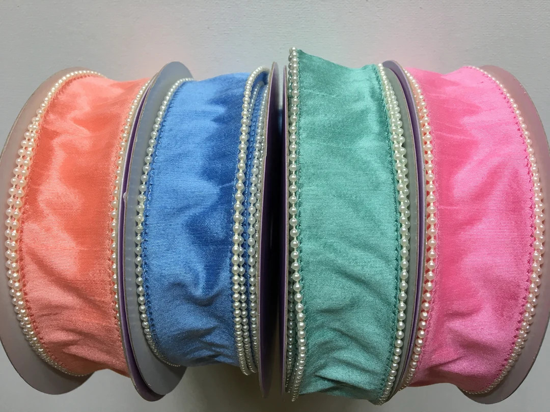 1.5" Ribbon with Pearl Beaded Edges   Dupioni Taffeta   Four Colors  Wired   10 Yard Roll | Etsy (US)