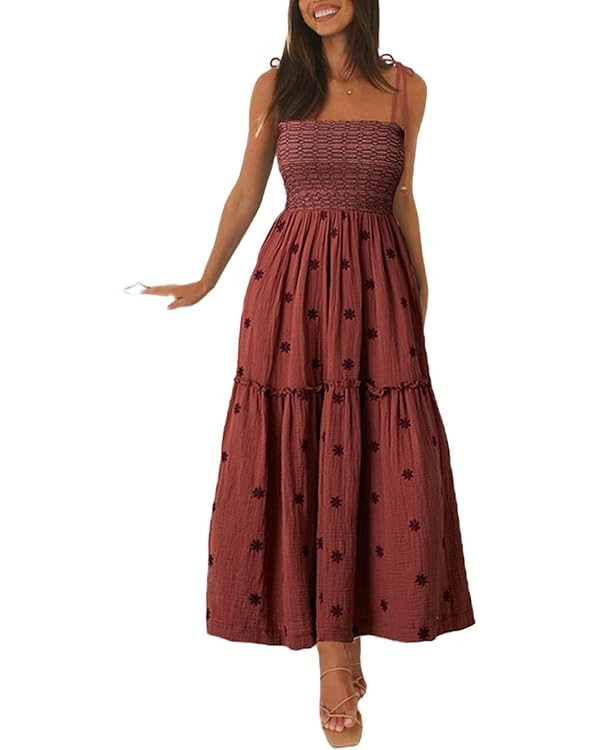 Women Floral Embroidered Maxi Dress Boho Sleeveless Tie Strap Shoulder Dresses Smocked Summer Sun... | Amazon (US)