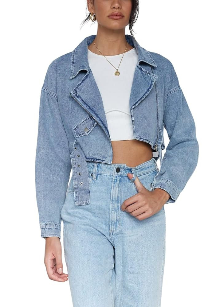 chouyatou Women's Boyfriend Jean Shakcet Jacket Zipper Belted Moto Denim Blazer Jacket | Amazon (US)