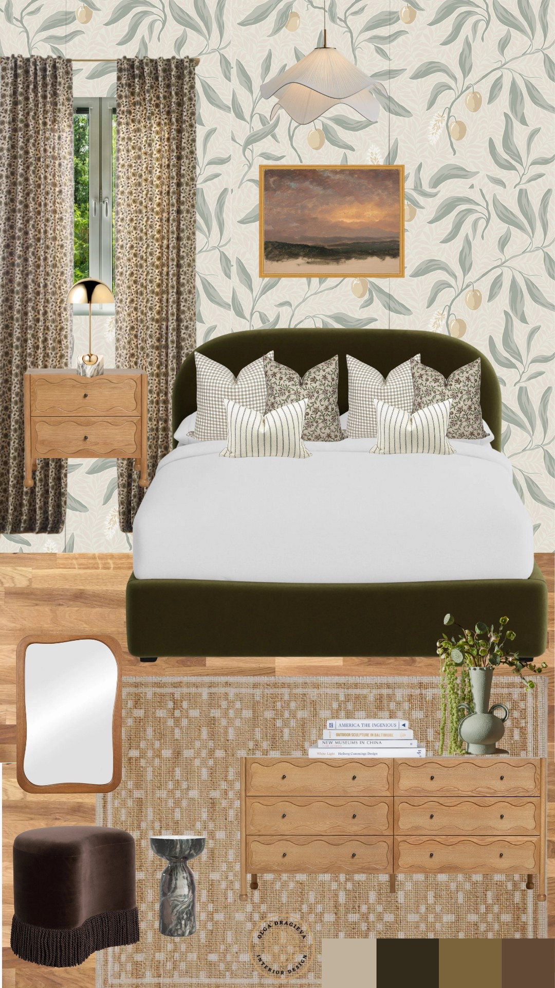 Beautiful bedroom design/mood board. Floral wallpaper from Lulu & Georgia, velvet upholstered bed, gorgeous green vase, floral curtains, wall art, new dresser and irregular mirror, floral pillows from Etsy. 

#LTKHome #LTKSeasonal #LTKStyleTip