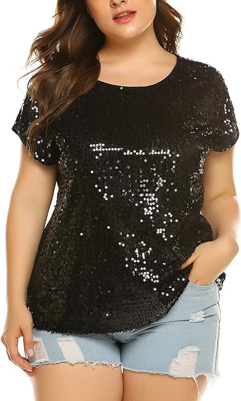 Women's Sequin Tops Plus Size Round Neck Sparkle Top Shimmer Glitter Short Sleeve T-Shirt Tunic B... | Amazon (US)