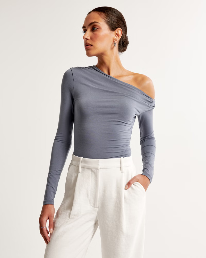 Long-Sleeve Asymmetrical Draped Bodysuit | Abercrombie & Fitch (US)