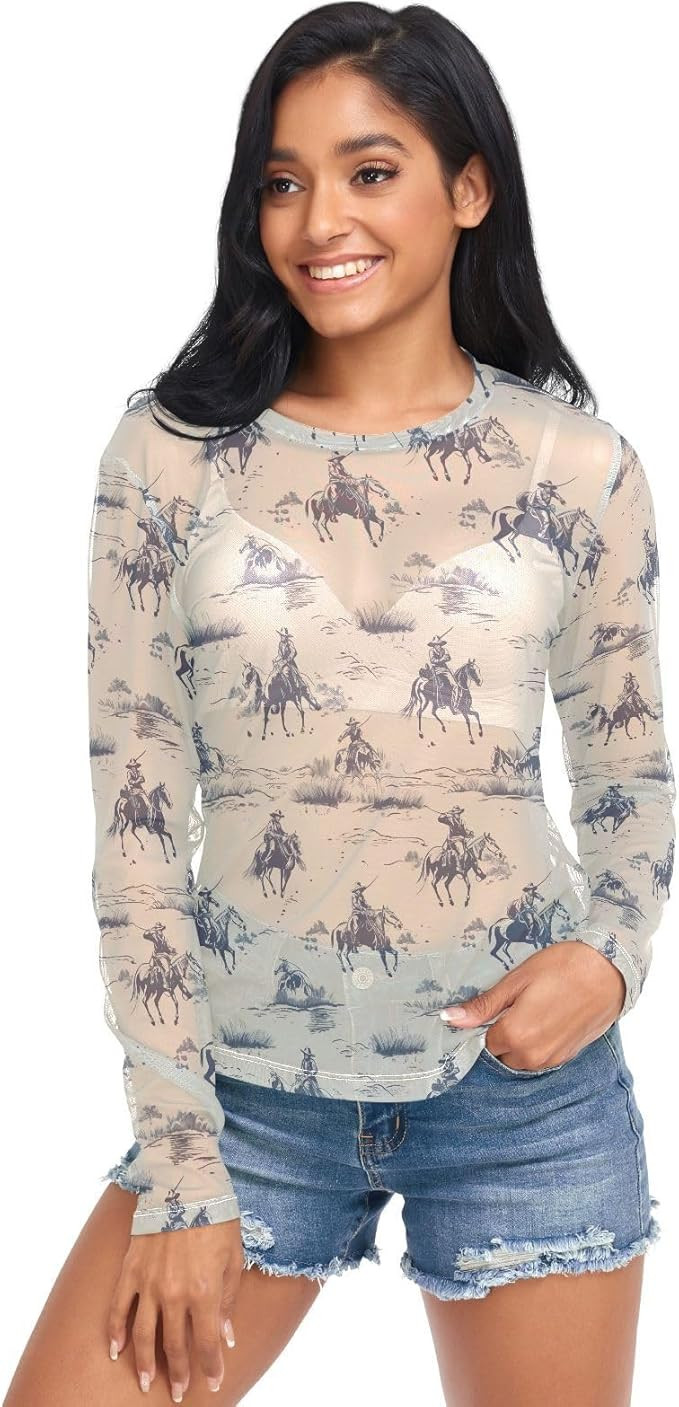 Women's Long Sleeve Mesh Top See Through Clubwear Sheer Tee Top Casual T Shirts Blouse | Amazon (US)