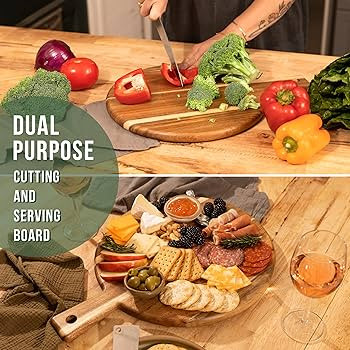 Acacia Wood Round Cutting Board and Chopping Board with Handle for Meat, Cheese Board, Vegetables... | Amazon (US)
