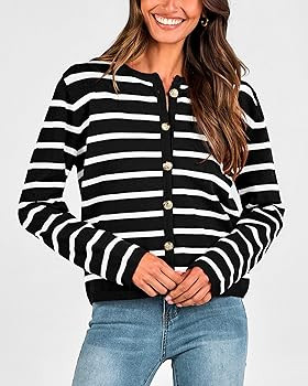 BTFBM Women's Cardigans Sweater 2024 Fall Striped Long Sleeve Button Down Crop Open Front Knit Ou... | Amazon (US)