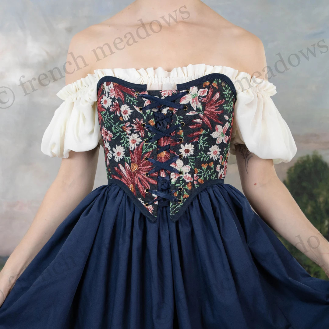 Dark Blue Floral Tapestry Corset Top: Renaissance Cottagecore Bodice With Removable Straps - Etsy | Etsy (US)