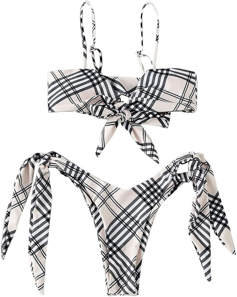Amazon.com: MakeMeChic Women's Graphic Triangle Bikini Set Tie Side Tie Neck 2 Piece Swimsuit Bat... | Amazon (US)