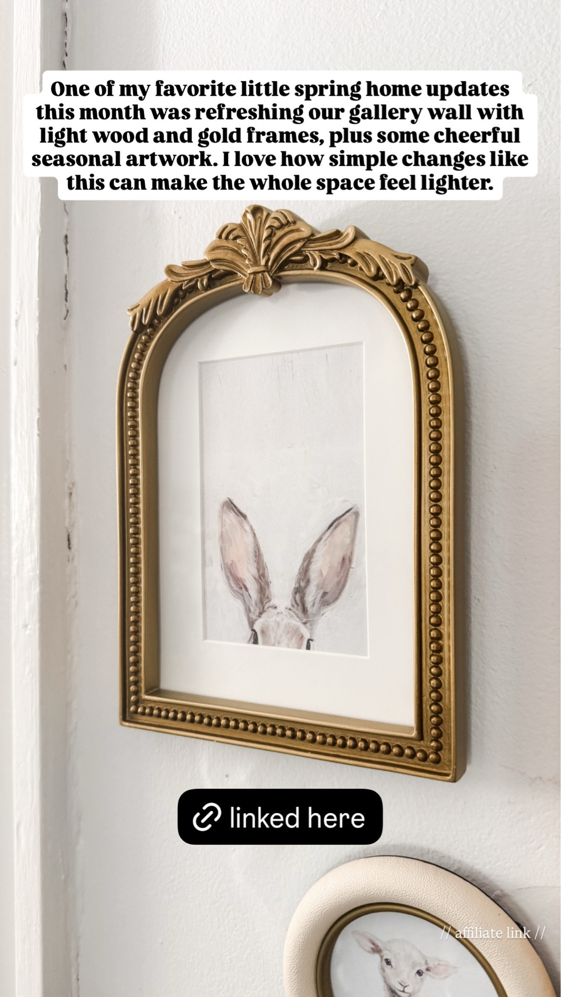 One of my favorite little spring home updates this month was refreshing our gallery wall with light wood and gold frames, plus some cheerful seasonal artwork. I love how simple changes like this can make the whole space feel lighter.

#LTKSeasonal #LTKHome