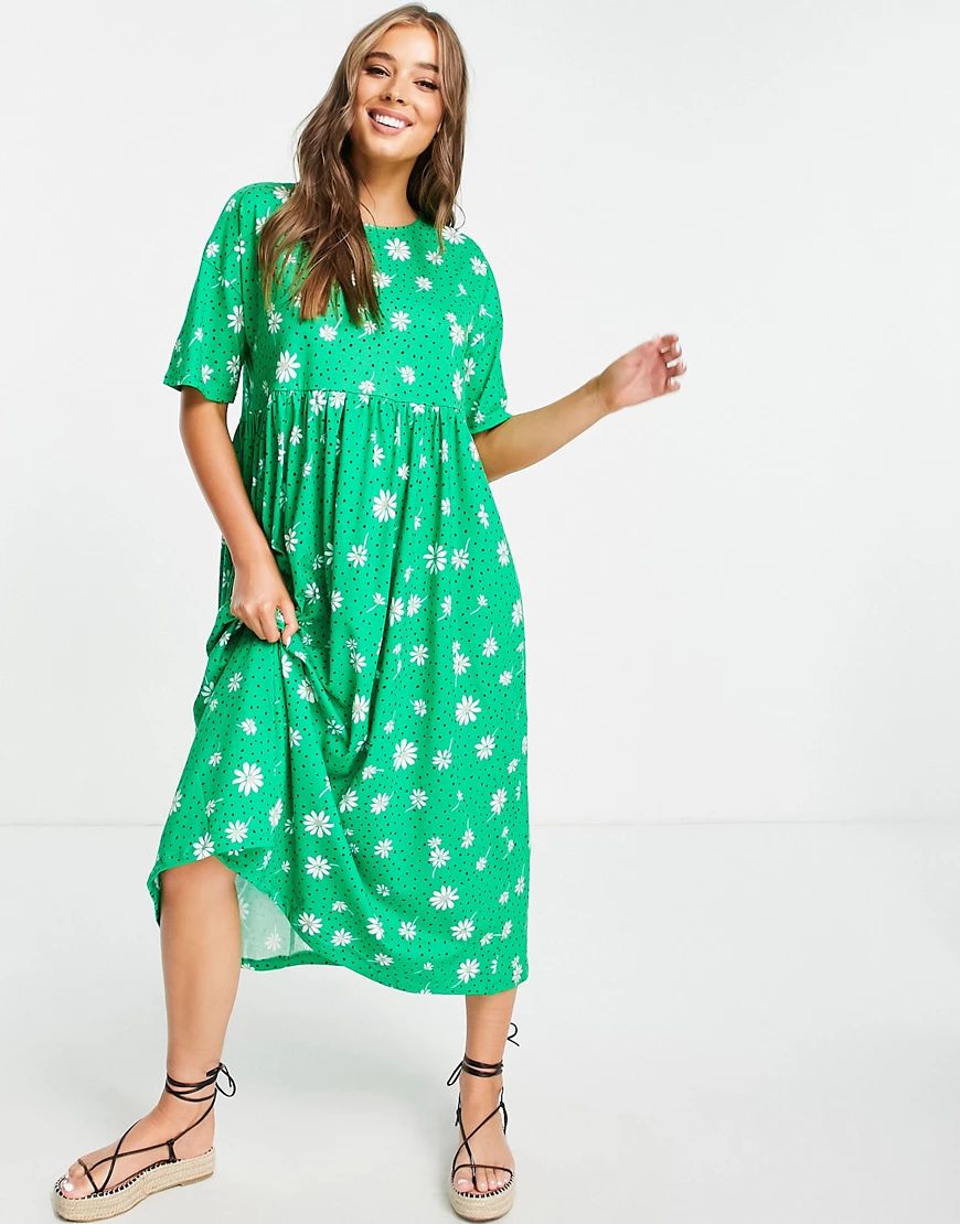 ASOS DESIGN oversized midi smock dress in green daisy floral print | ASOS (Global)