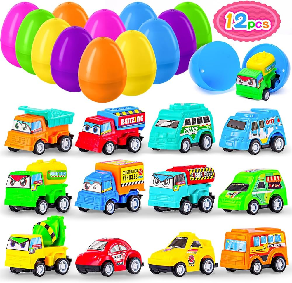 MGparty 12 Pack Prefilled Easter Eggs with Car Toys for Kids Bulk Plastic Eggs Pull Back City Tru... | Amazon (US)