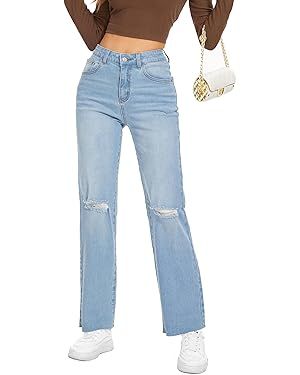 Women Straight Ankle Jeans Casual Loose High Waist Solid Denim Pants | Amazon (US)