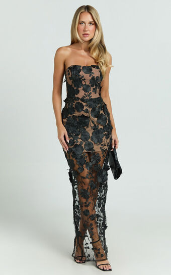 Sienna Maxi Dress - 3D Floral Strapless Column Dress in Black | Showpo (US, UK & Europe)