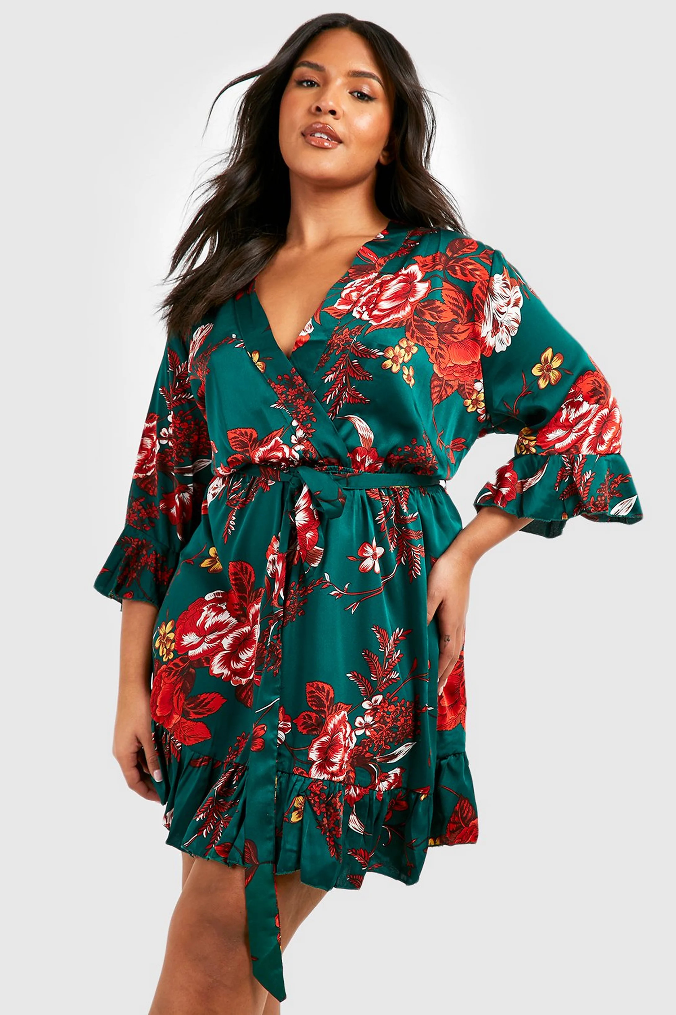 Plus Floral Wrap Belted Dress | Boohoo.com (US & CA)