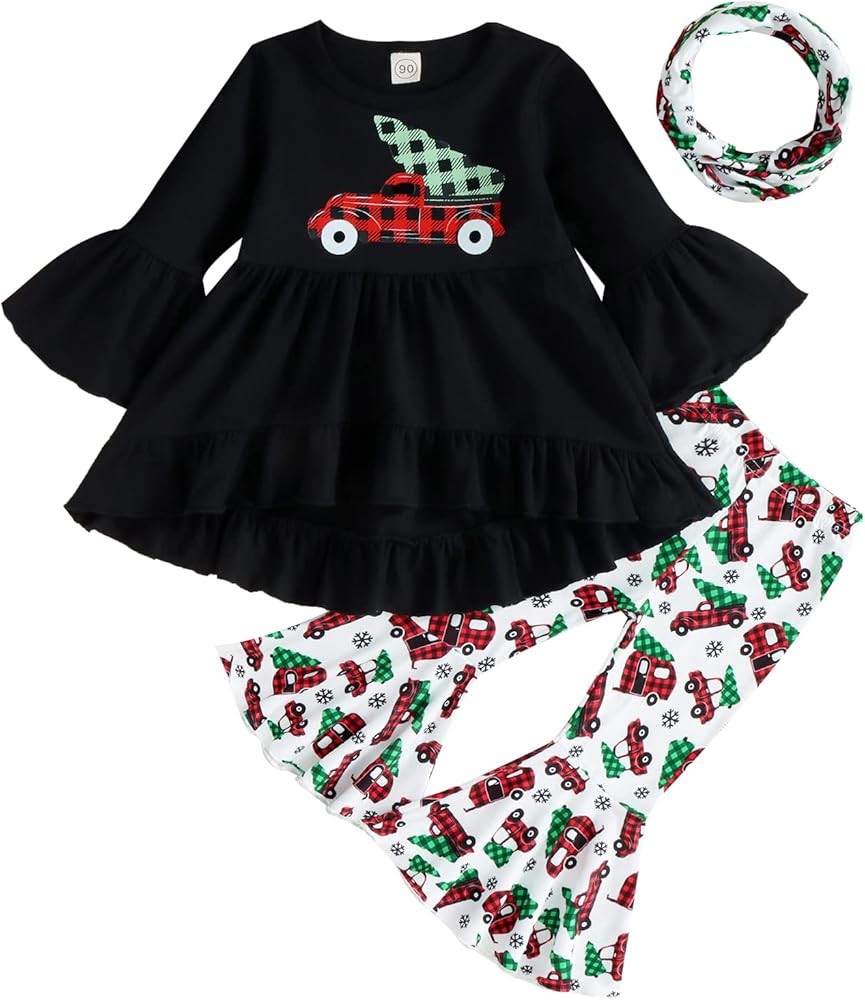Christmas Clothes Toddler Baby Girl Long Sleeve Shirt Dress Car Print Flared Pants Bell-Bottom 3P... | Amazon (US)