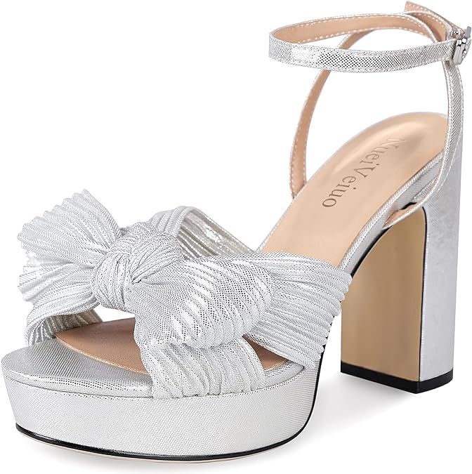 NueiVeiuo Women Fashion Pleated Bow Heels Bridal Sandals Platform | Amazon (US)