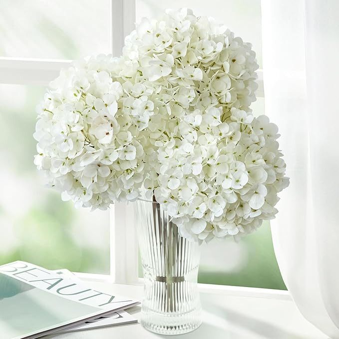 3PCS White Hydrangea Artificial Flowers 25.6" Large Fake Hydrangeas Flowers with Stems Faux Silk ... | Amazon (US)