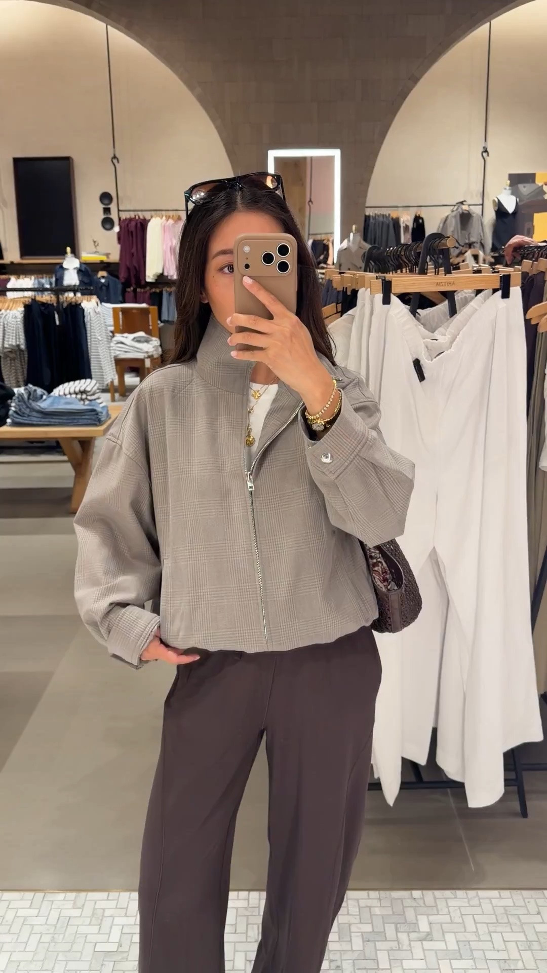 another colorway in the plaid jacket I can’t stop wearing. this “nonad/cola taupe” is fully stocked! 
• Aritzia Tenet Jacket 2XS high quality, oversized fit on me, sleeve folded up
• lululemon relaxed cinch hem pants size 2 short 25" inseam 
• lulul crop tee XXS 
• Reformation sandals 5.5 
• Madewell bag & sunglasses 

Easy mom outfit, transitional early fall outfit, petite friendly jackets, comfy loungewear pants

#LTKPetite #LTKSeasonal #LTKmomlife