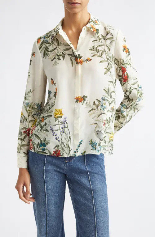 ALICE + OLIVIA Willa Silk Top in Desert Sprigs Vanilla at Nordstrom, Size Medium | Nordstrom
