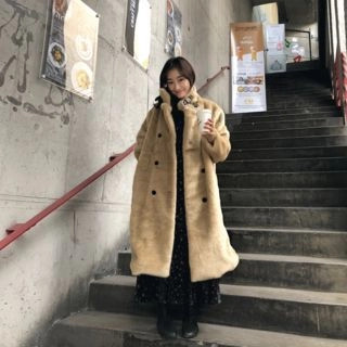 Double-Breasted Faux-Fur Coat Beige - One Size | YesStyle Global