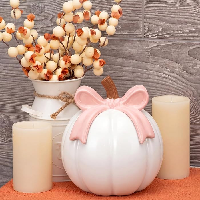 Coquette Bow Pumpkin Decor for Home, Resin White Pumpkin Decor with Pink Bow Table Decoration, Fall Decoration Farmhouse Table Centerpiece for Thanksgiving Autumn Home | Amazon (US)
