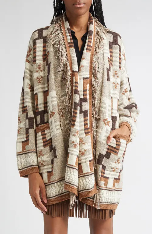 L'AGENCE Jair Geo Pattern Fringe Cardigan in Natural Multi at Nordstrom, Size Medium | Nordstrom