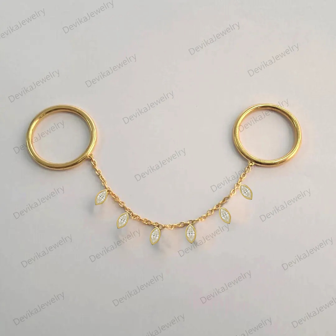 14k Gold Marquise Diamond Dangle Ring, Tassel Chain Double Band | Etsy (US)