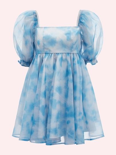 SHEIN Tie Dye Square Collar Puff Sleeve Organza Dress | SHEIN