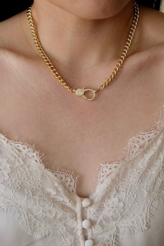 Gold Curb Chain Necklace, Spring Clasp Necklace, Layering Necklace, Choker Necklace, Thick Gold C... | Etsy (US)