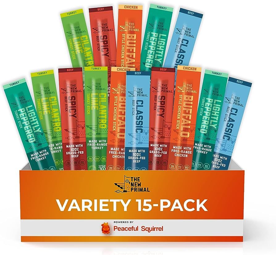 Peaceful Squirrel Variety, The New Primal Meat Sticks, 15-Pack, Variety of 5 Flavors, Whole30 App... | Amazon (US)