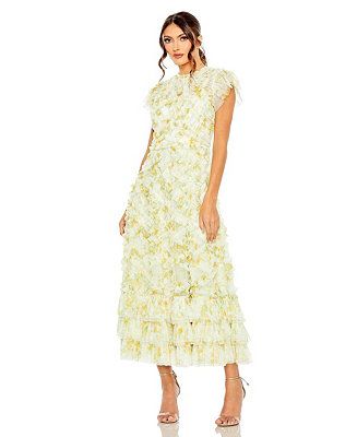Mac Duggal Women's High Neck Ruffle Cap Sleeve Floral Dress - Macy's | Macy's